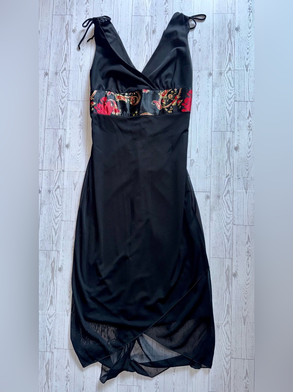 Black High-Low Dress w/ Floral & Black Sash, Conched Shoulder Ties - Size Medium - Picture 3 of 11